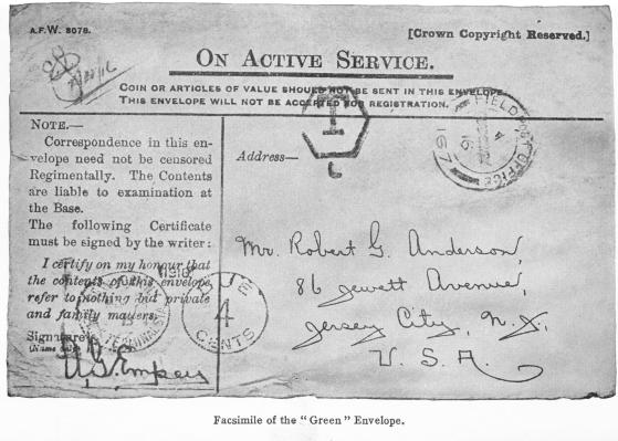 {Photo: Facsimilie of the &acirc;&euro;&oelig;Green&acirc;&euro; Envelope.}